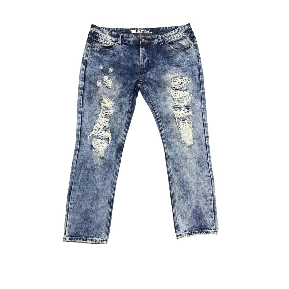 TRILLNATION Jeans Mens 42x30‎ Blue Acid Wash Denim Tapered Distressed Stars